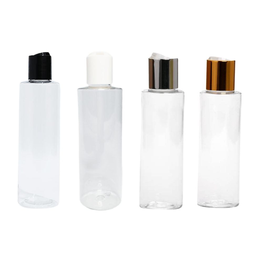 PET boca 200ml transparentna 24/410 flat sa disc top čepom (crni, bijeli, zlatni, srebreni)
