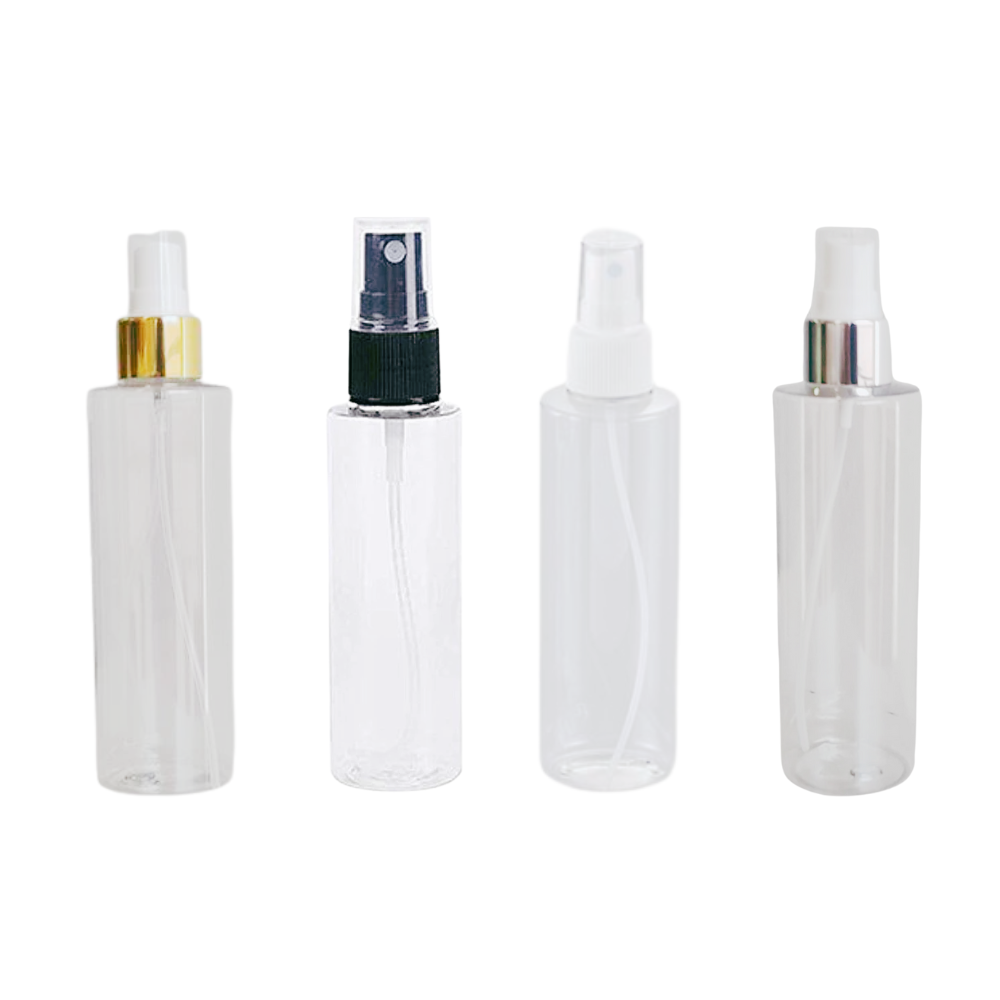 PET boca 200ml transparentna 24/410 flat sa raspršivačem (crni, bijeli, zlatni, srebreni)